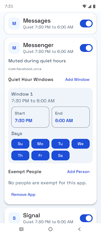 SwitchMeOff app settings screen showing quiet-hour windows, day selection, and exempt people